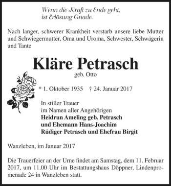 Traueranzeige von Kläre Petrasch (geb. Otto)  von Magdeburger Volksstimme