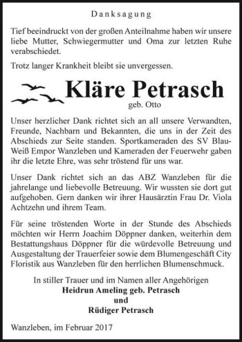 Traueranzeige von Kläre Petrasch (geb. Otto)  von Magdeburger Volksstimme