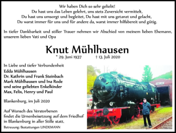 Traueranzeige von Knut Mühlhausen  von Magdeburger Volksstimme