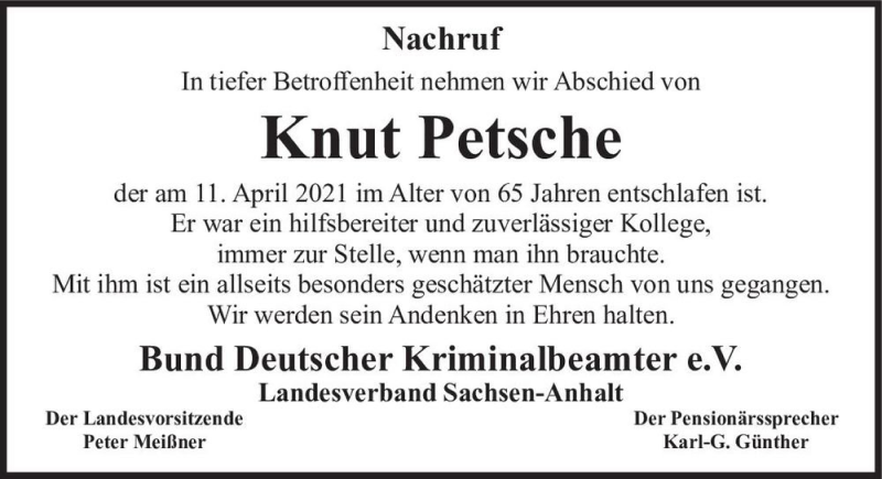  Traueranzeige für Knut Petsche  vom 24.04.2021 aus Magdeburger Volksstimme