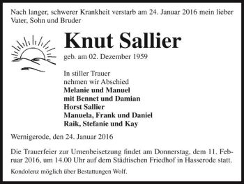 Traueranzeige von Knut Sallier  von Magdeburger Volksstimme