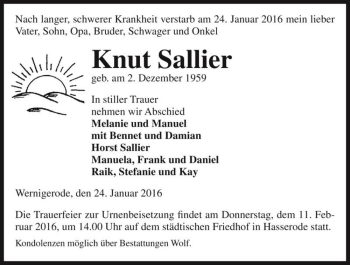 Traueranzeige von Knut Sallier  von Magdeburger Volksstimme