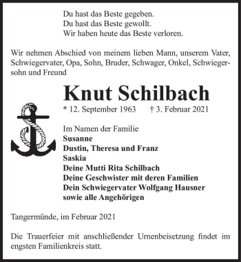 Traueranzeige von Knut Schilbach  von Magdeburger Volksstimme