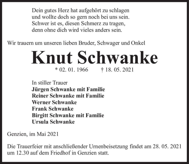  Traueranzeige für Knut Schwanke  vom 22.05.2021 aus Magdeburger Volksstimme