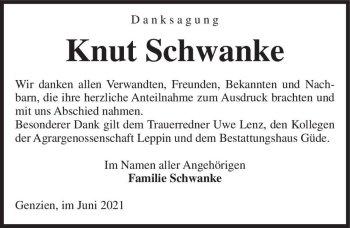 Traueranzeige von Knut Schwanke  von Magdeburger Volksstimme