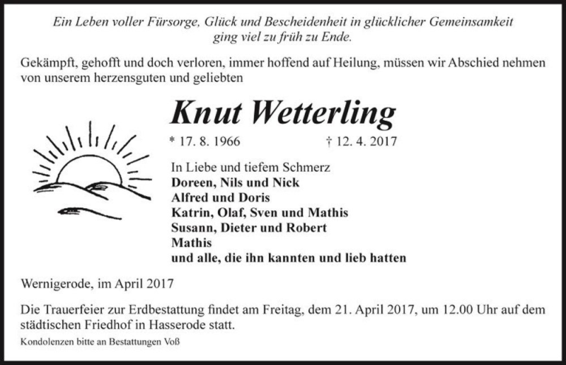  Traueranzeige für Knut Wetterling  vom 19.04.2017 aus Magdeburger Volksstimme