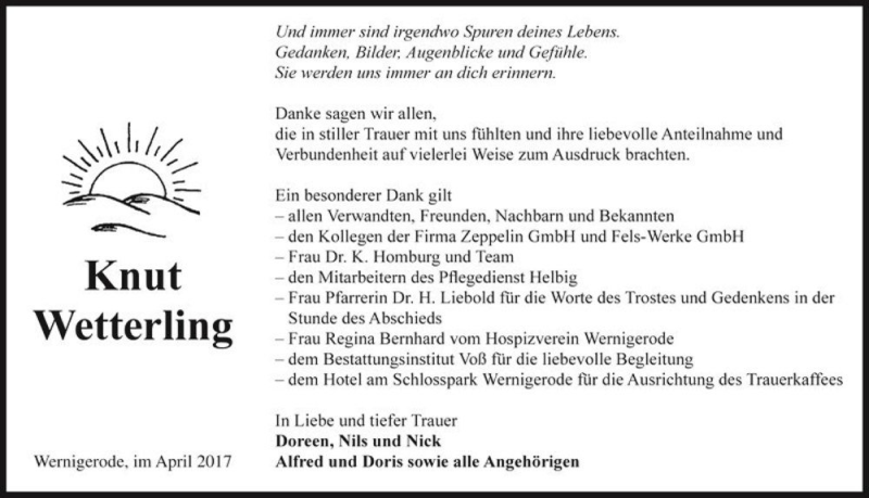  Traueranzeige für Knut Wetterling  vom 13.05.2017 aus Magdeburger Volksstimme