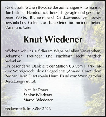 Traueranzeige von Knut Wiedener  von Magdeburger Volksstimme