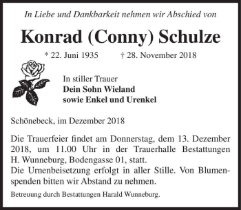Traueranzeige von Konrad (Conny) Schulze  von Magdeburger Volksstimme