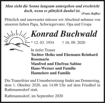Traueranzeige von Konrad Buchwald  von Magdeburger Volksstimme