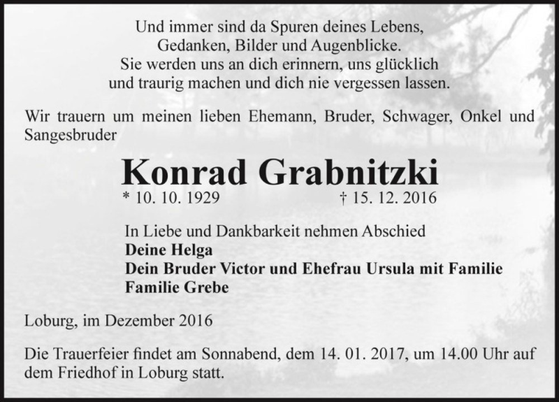  Traueranzeige für Konrad Grabnitzki  vom 24.12.2016 aus Magdeburger Volksstimme