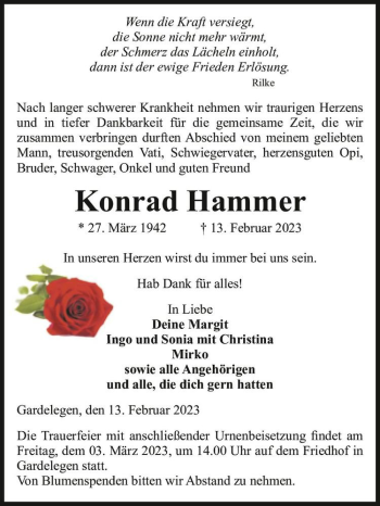 Traueranzeige von Konrad Hammer  von Magdeburger Volksstimme