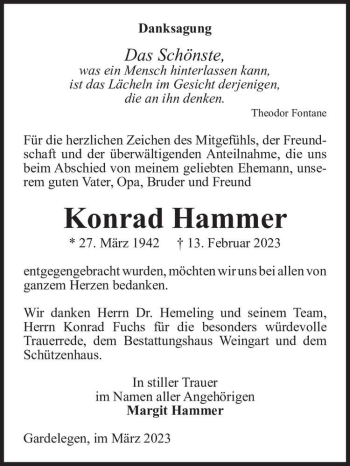 Traueranzeige von Konrad Hammer  von Magdeburger Volksstimme