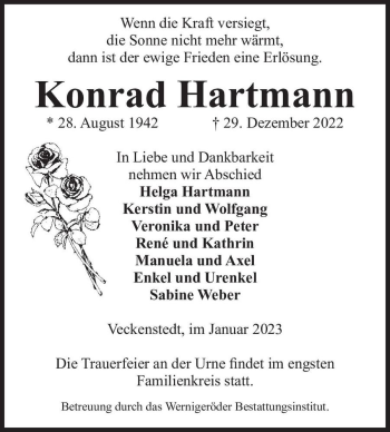 Traueranzeige von Konrad Hartmann  von Magdeburger Volksstimme