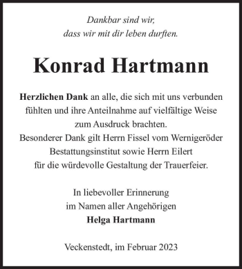 Traueranzeige von Konrad Hartmann  von Magdeburger Volksstimme