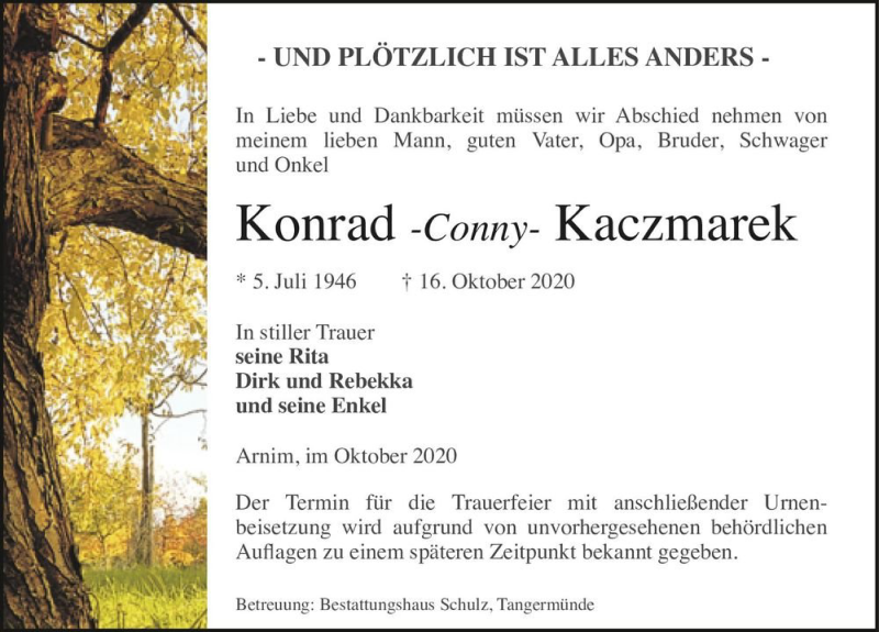  Traueranzeige für Konrad Kaczmarek  vom 24.10.2020 aus Magdeburger Volksstimme
