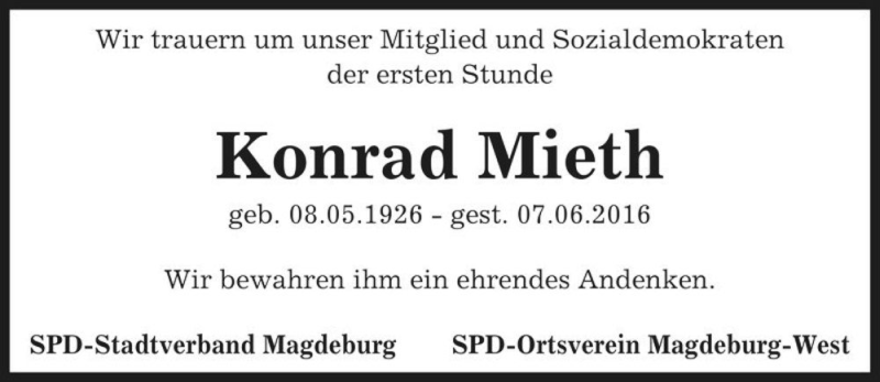  Traueranzeige für Konrad Mieth  vom 18.06.2016 aus Magdeburger Volksstimme