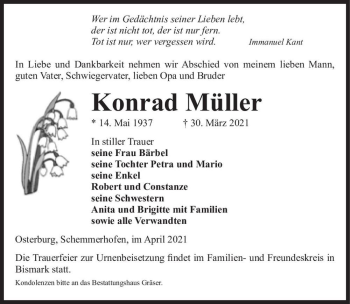 Traueranzeige von Konrad Müller  von Magdeburger Volksstimme