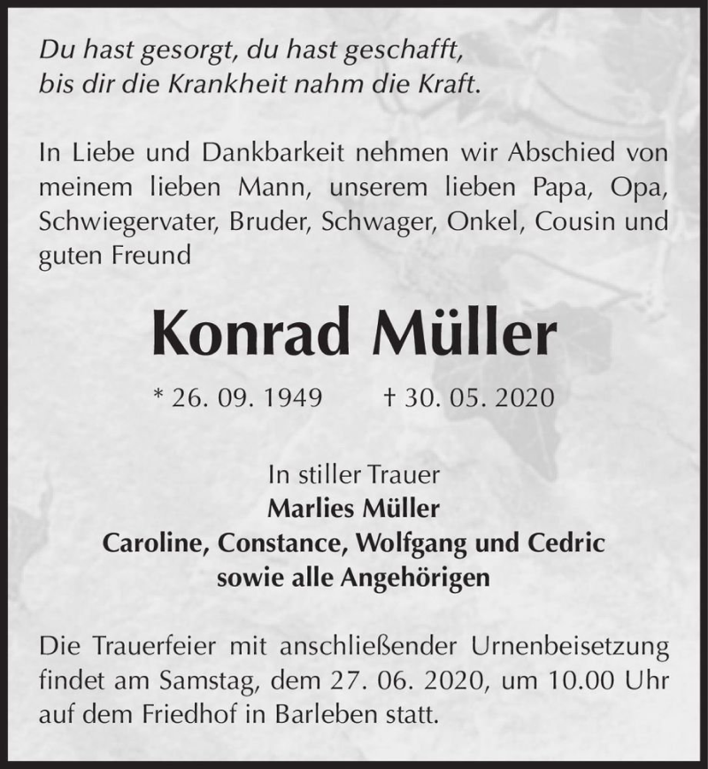  Traueranzeige für Konrad Müller  vom 12.06.2020 aus Magdeburger Volksstimme