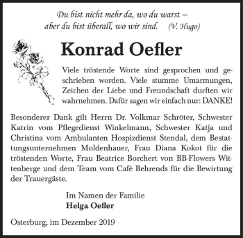 Traueranzeige von Konrad Oefler  von Magdeburger Volksstimme