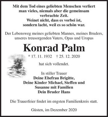 Traueranzeige von Konrad Palm  von Magdeburger Volksstimme