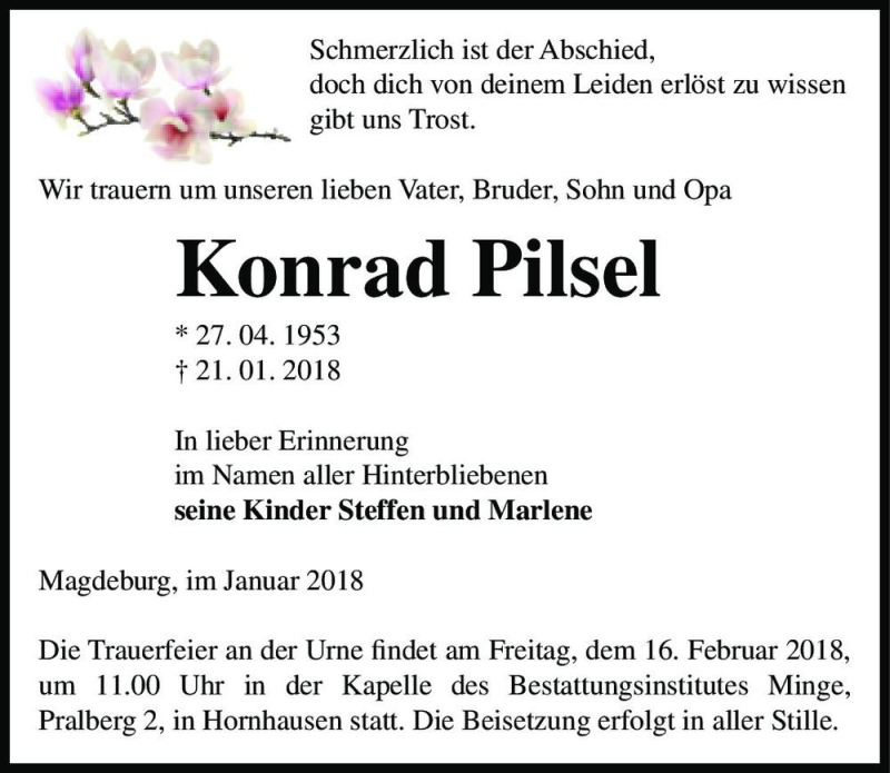  Traueranzeige für Konrad Pilsel  vom 27.01.2018 aus Magdeburger Volksstimme