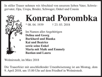 Traueranzeige von Konrad Porombka  von Magdeburger Volksstimme
