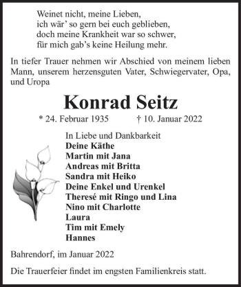 Traueranzeige von Konrad Seitz  von Magdeburger Volksstimme
