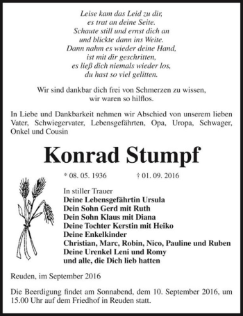 Traueranzeige von Konrad Stumpf  von Magdeburger Volksstimme