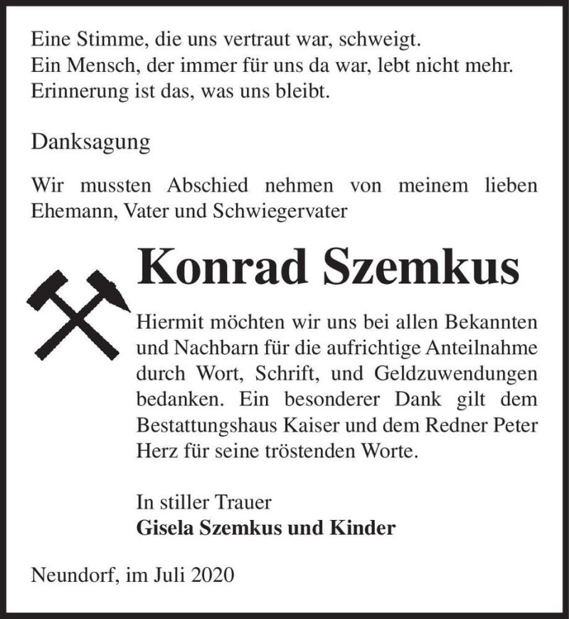  Traueranzeige für Konrad Szemkus  vom 18.07.2020 aus Magdeburger Volksstimme