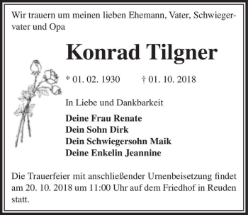 Traueranzeige von Konrad Tilgner  von Magdeburger Volksstimme