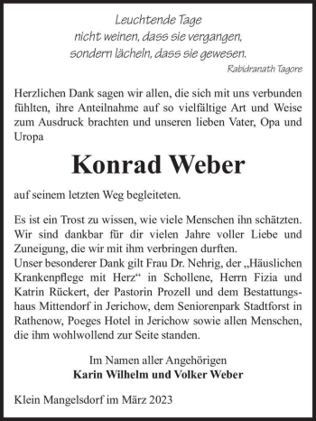 Traueranzeige von Konrad Weber  von Magdeburger Volksstimme