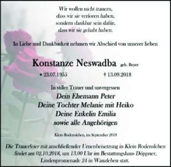 Traueranzeige von Konstanze Neswadba (geb. Beyer)  von Magdeburger Volksstimme