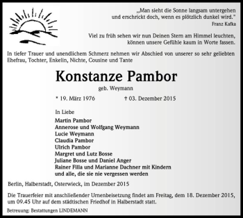 Traueranzeige von Konstanze Pambor (geb. Weymann)  von Magdeburger Volksstimme