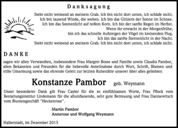 Traueranzeige von Konstanze Pambor (geb. Weymann)  von Magdeburger Volksstimme
