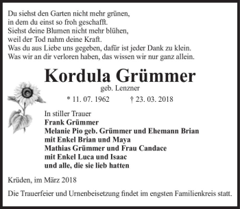 Traueranzeige von Kordula Grümmer (geb. Lenzner)  von Magdeburger Volksstimme