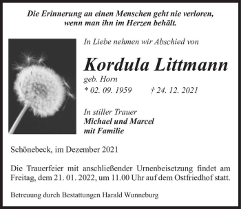 Traueranzeige von Kordula Littmann (geb. Horn)  von Magdeburger Volksstimme
