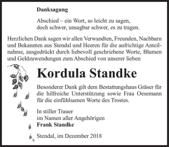 Traueranzeige von Kordula Standke  von Magdeburger Volksstimme
