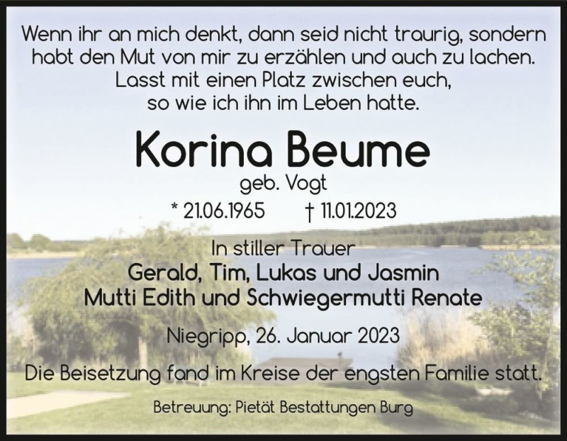  Traueranzeige für Korina Beume (geb. Vogt)  vom 28.01.2023 aus Magdeburger Volksstimme