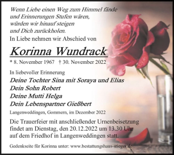 Traueranzeige von Korinna Wundrack  von Magdeburger Volksstimme