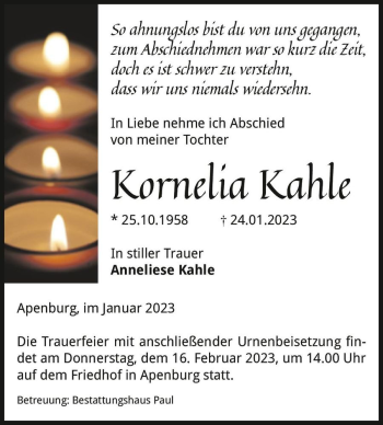 Traueranzeige von Kornelia Kahle  von Magdeburger Volksstimme