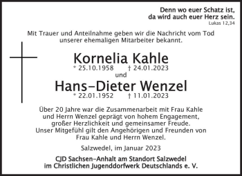 Traueranzeige von Kornelia Kahle und Hans-Dieter Wenzel  von Magdeburger Volksstimme