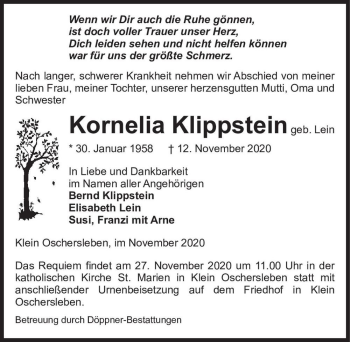 Traueranzeige von Kornelia Klippstein (geb. Lein)  von Magdeburger Volksstimme