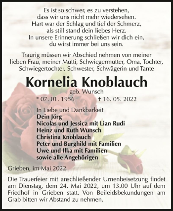 Traueranzeige von Kornelia Knoblauch (geb. Wunsch)  von Magdeburger Volksstimme