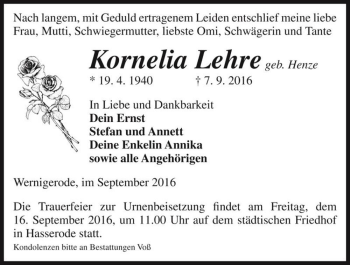 Traueranzeige von Kornelia Lehre (geb. Henze)  von Magdeburger Volksstimme