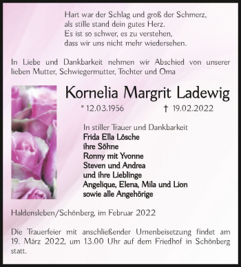 Traueranzeige von Kornelia Margrit Ladewig  von Magdeburger Volksstimme