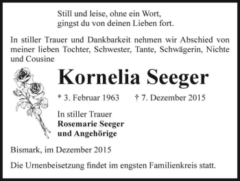 Traueranzeige von Kornelia Seeger  von Magdeburger Volksstimme