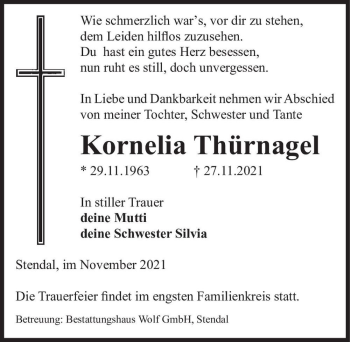 Traueranzeige von Kornelia Thürnagel  von Magdeburger Volksstimme