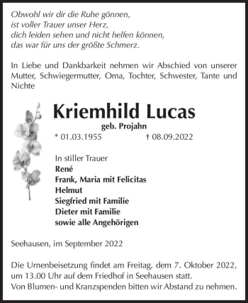 Traueranzeige von Kriemhild Lucas (geb. Projahn)  von Magdeburger Volksstimme
