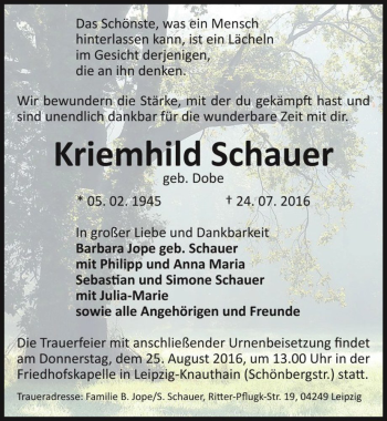 Traueranzeige von Kriemhild Schauer (geb. Dobe)  von Magdeburger Volksstimme